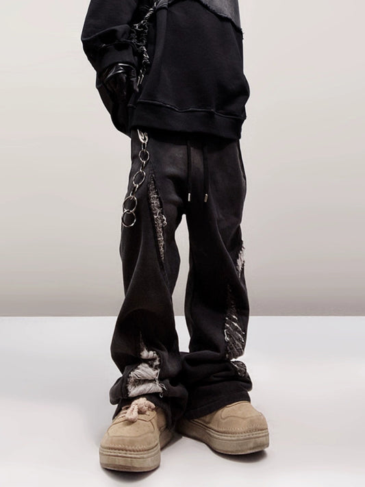 UUCSCC hip-hop trendy brand vintage distressed ripped trousersvintage slightly flared slacks loose sweatpants