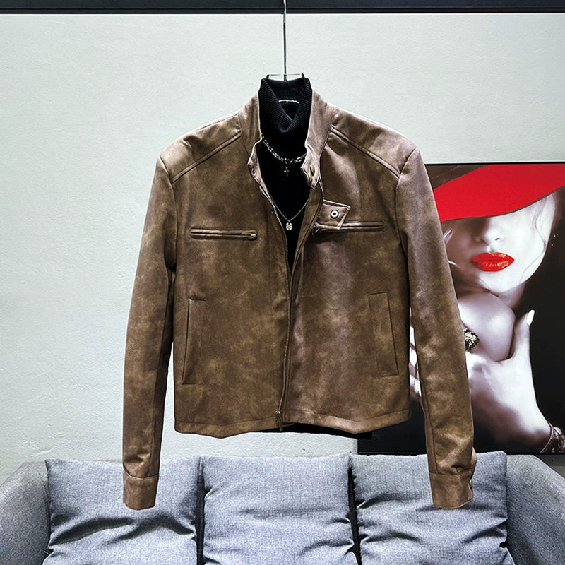 Niche design: high-end motorcycle leather jacket, men's fashion brand, handsome fried street, short stand-up collar, brown PU leather jacket