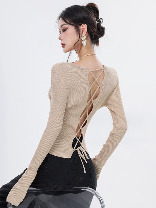 ABWEAR Spring 2024 New Hot Girl V-Neck Lace-up Bottom Knit Knit Slim Long Sleeve T-Shirt Top