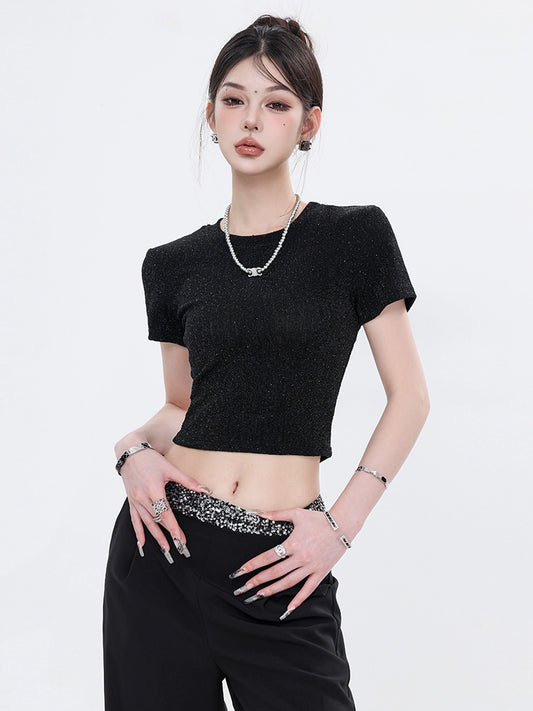 ABWEAR 2024 Summer New Black Niche Hottie Full Body, Hot Diamond Design, Slim and Versatile Cropped T-Shirt Woman
