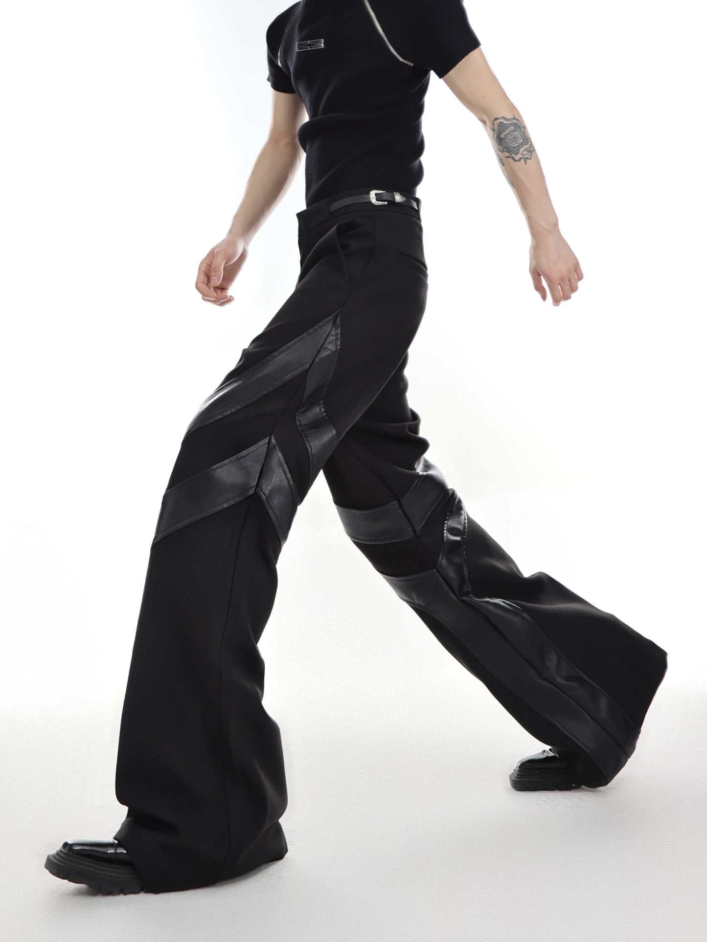 CulturE niche deconstructs spliced micro-flared trousers, belt buckle design sense casual pants, three-dimensional striped trousers