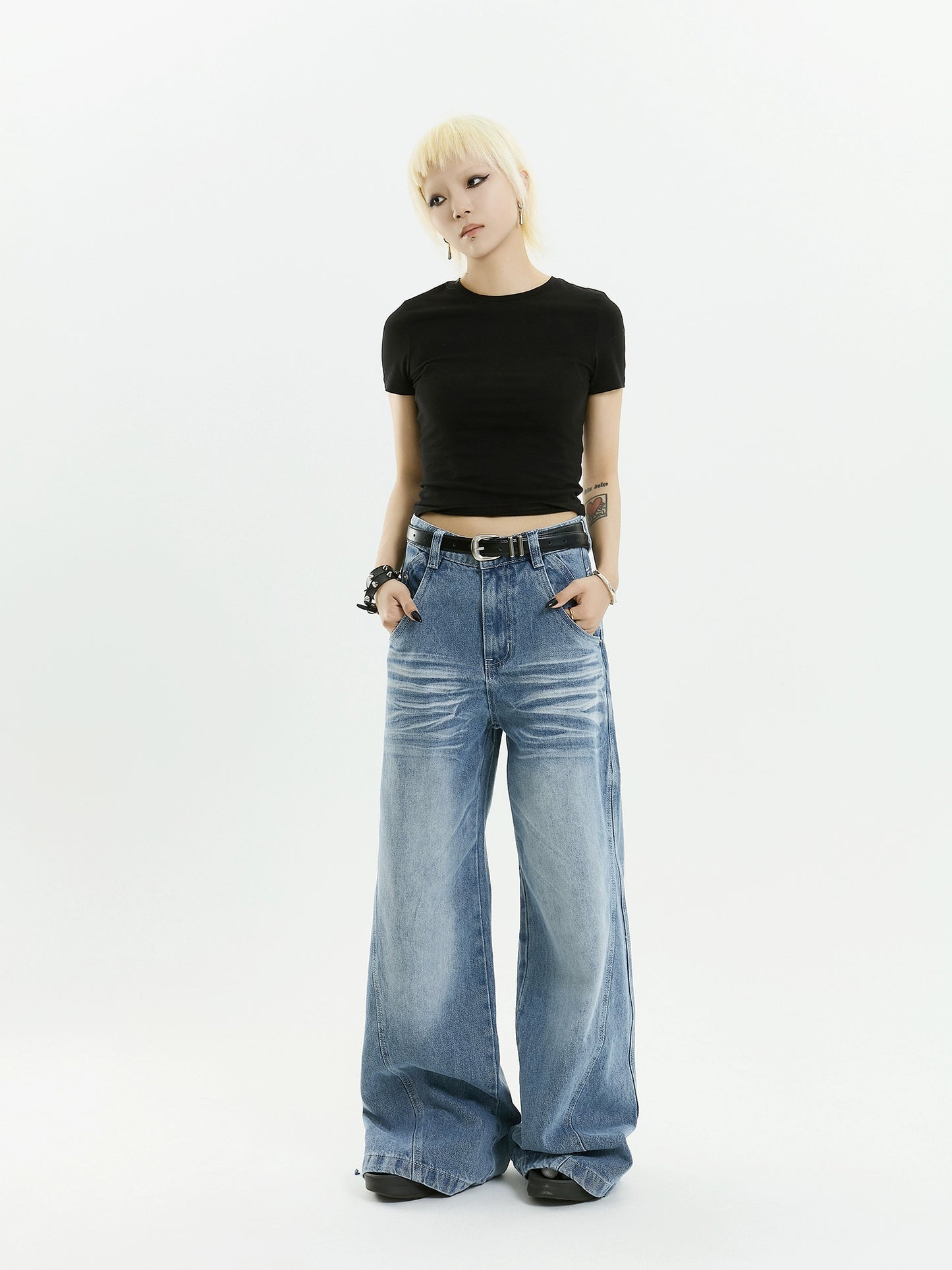 MICHINNYON whiskers distressed textured casual wash wide-leg blue vintage split frayed white jeans