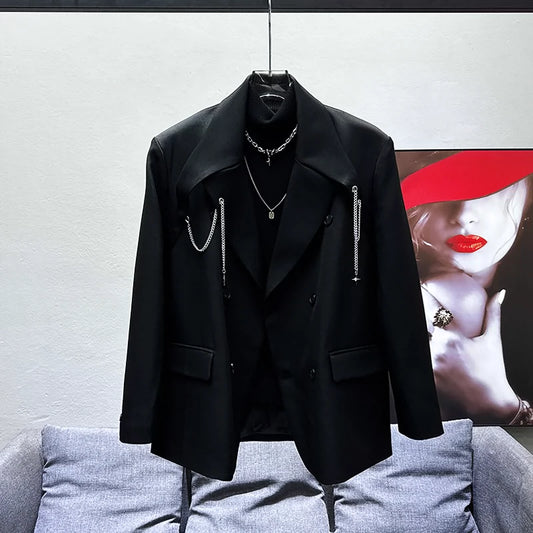Black chain blazer men's spring and autumn new Korean version loose design sense niche casual and versatile suit top