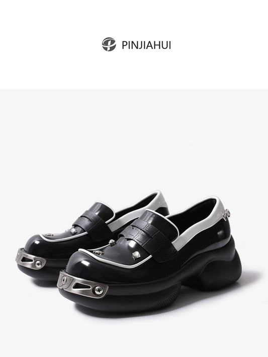 pinjiahui color-block platform loafers, women's British style retro versatile big toe small leather shoes, one slipper