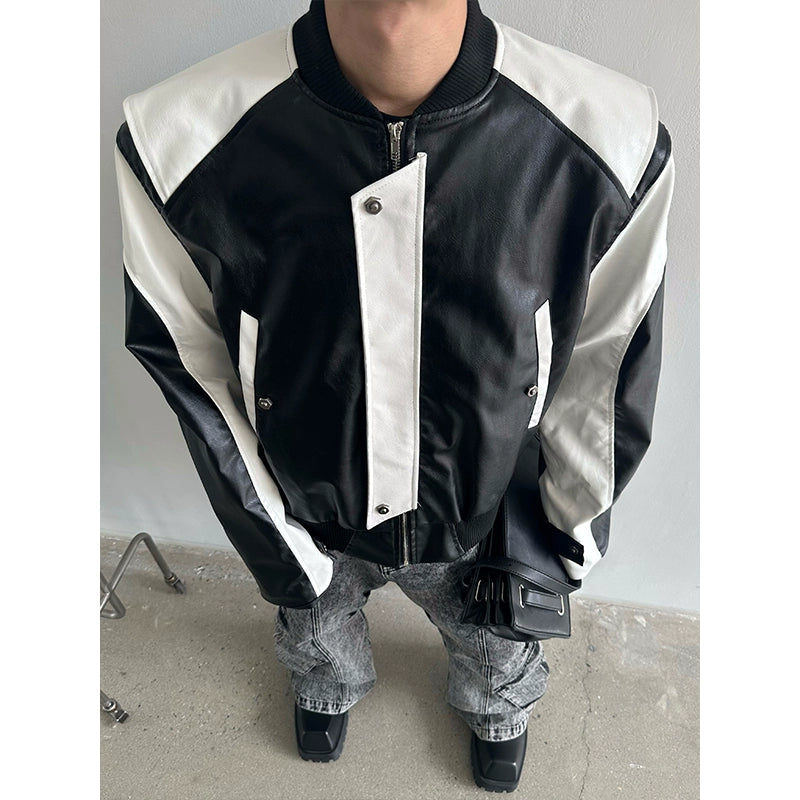 MARTHENAUT NICHE BLACK AND WHITE COLOR-BLOCKED DESIGN PADDED SHOULDERS SILHOUETTE LEATHER JACKET LOOSE LEATHER JACKET TOP TRENDY