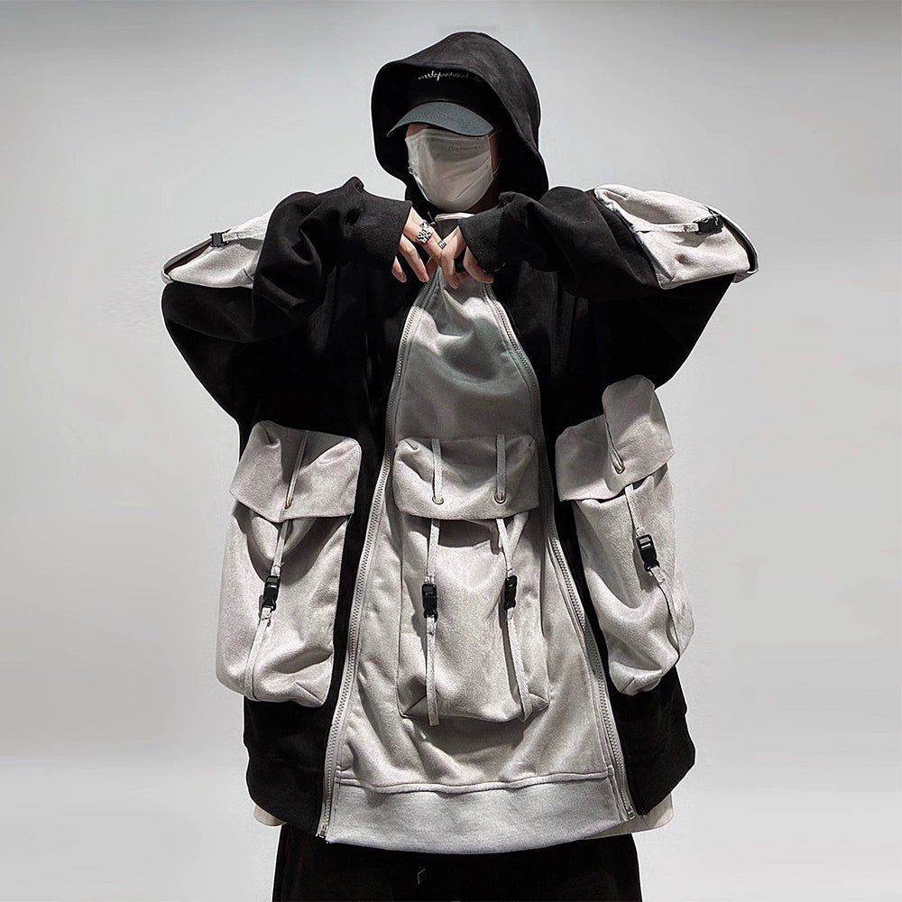 UUCSCC High Street Trendy Cargo Multi-Pocket Hooded Sweatshirt Hip Hop Plus Size Loose Zip Couple Cardigan Jacket