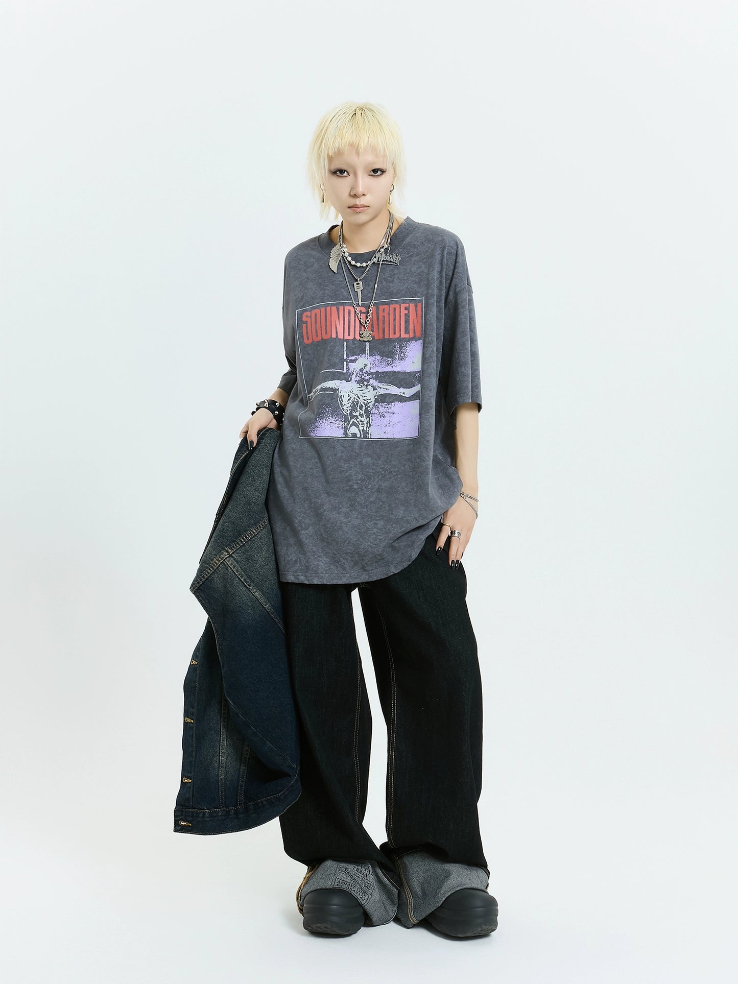 MICHINNYON Loose Straight-leg casual wide-leg jeans, cuff cuffs, printed, washed high street trousers