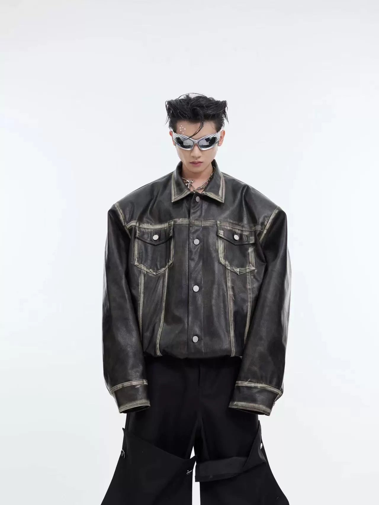 Cultur E24ss, a heavyweight vintage rubbed leather distressed padded-shoulder jacket, a jacket, a niche cropped silhouette, a loose-fitting leather jacket