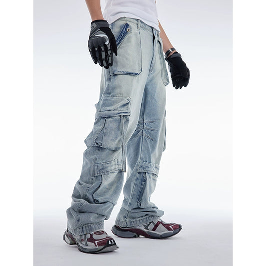 CROWORLD Functional High Street Multi-Pocket Jeans Men's Spring/Summer American Heavyweight Wash Tide Brand Wide-leg Pants