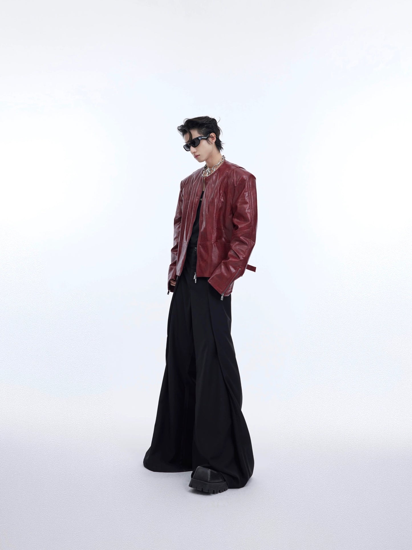 CulturE Niche Heavy Vintage Lacquered Collarless Cropped Jacket Three-dimensional Texture Padded Shoulders Leather Jacket Men