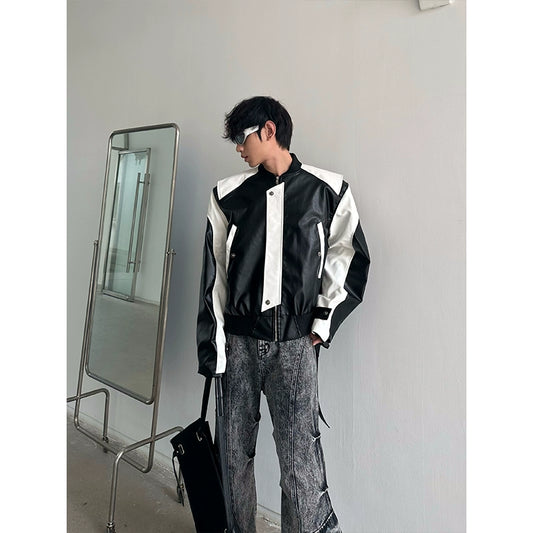 MARTHENAUT NICHE BLACK AND WHITE COLOR-BLOCKED DESIGN PADDED SHOULDERS SILHOUETTE LEATHER JACKET LOOSE LEATHER JACKET TOP TRENDY
