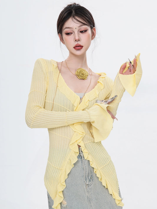 ABWEAR original spring yellow Korean sweet niche design fungus edge long sleeve T-shirt V-neck waist knit sweater