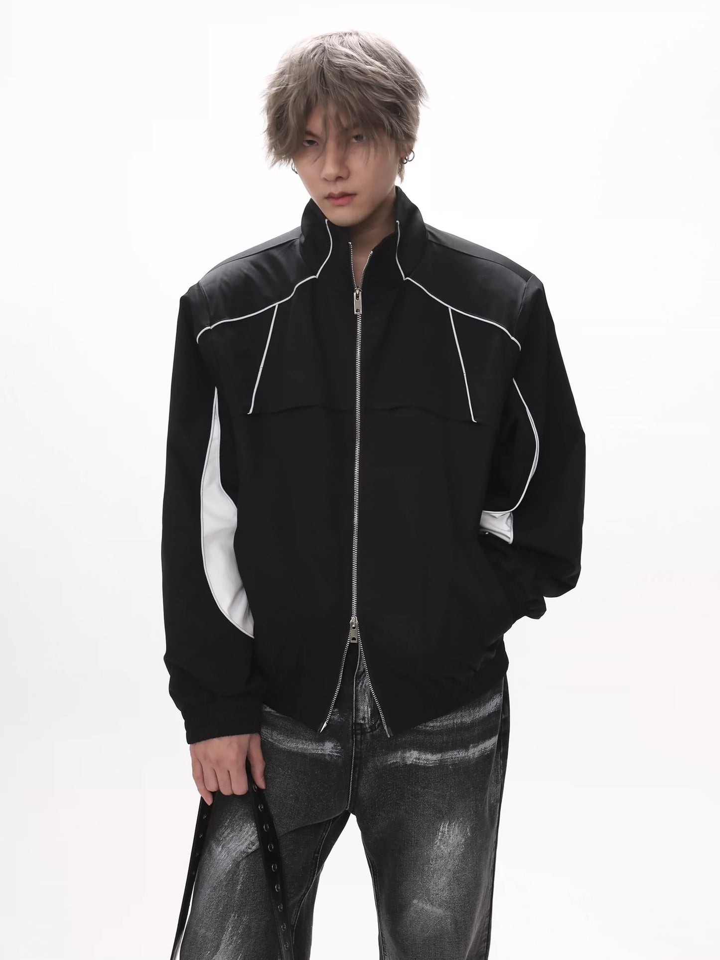 GIBBYCNA STITCHING CONTRAST REFLECTIVE STRIP STAND COLLAR CROPPED JACKET MEN'S HIGH ARCADE LOOSE TOP JACKET TRENDY