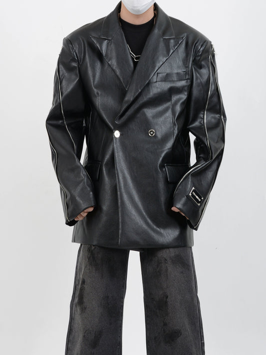 LUCE GARMENT Niche Design Sense Metal Zipper Padded Shoulder Leather Blazer Blazer Men's Premium Silhouette Suit