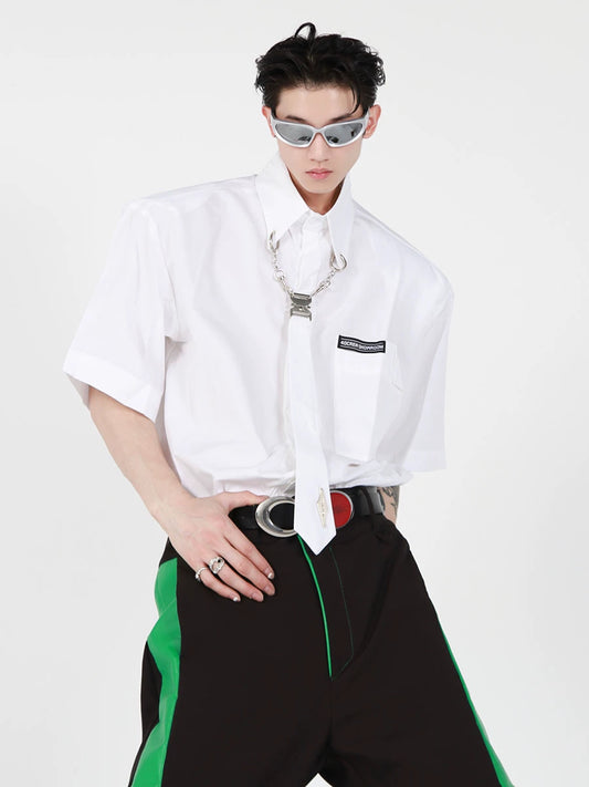 CultureE original niche metal tie buckle design short-sleeved shirt simple high-end loose t-sleeve cardigan men