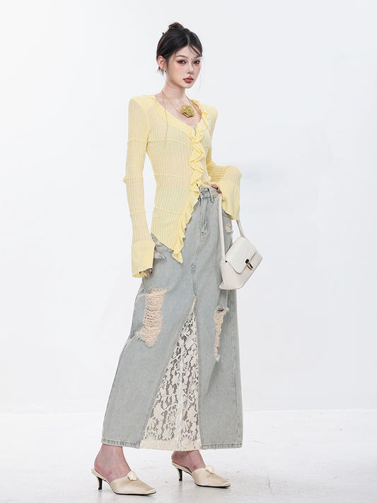 ABWEAR's new spring design patchwork lace mesh maxi skirt with high waist slit and holes to show thin denim skirt