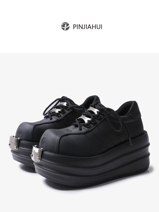 pinjiahui platform soled gothic metal buckle lace-up loafers female leather flatform shoes increase height toe shoes leather shoes
