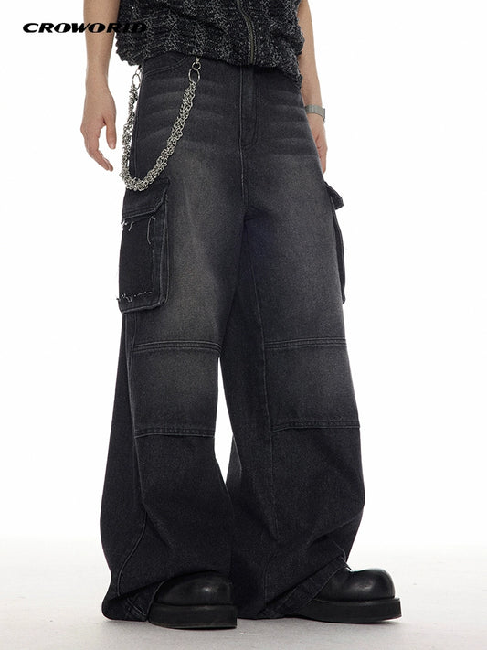 CROWORLD design sense cut wash cargo patch pocket jeans, trendy street loose straight-leg pants