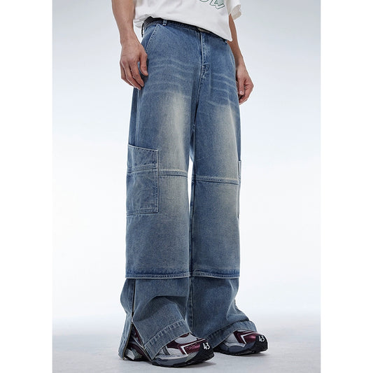 CROWORLD American heavy light-colored jeans men's spring loose fake two-piece high street ins tide brand wide-leg pants