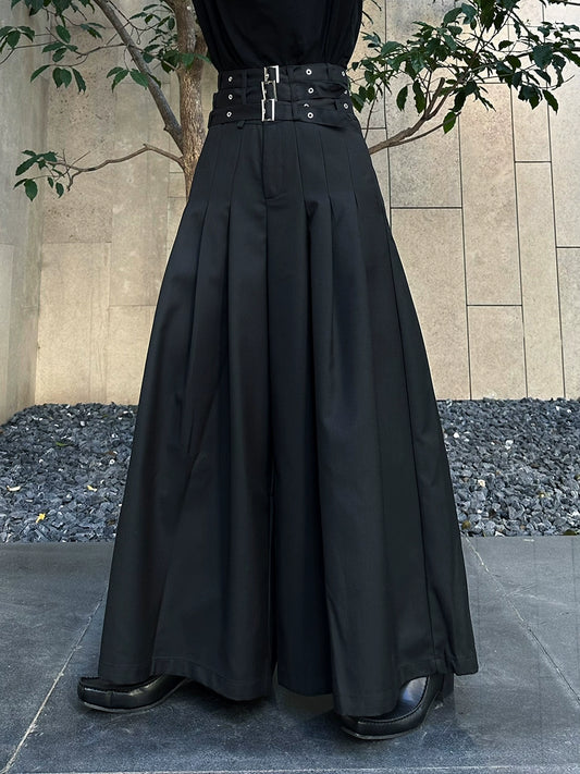 Fei homemade national tide pleated culottes, new Chinese retro high-waisted belt, loose wide-leg flared trousers