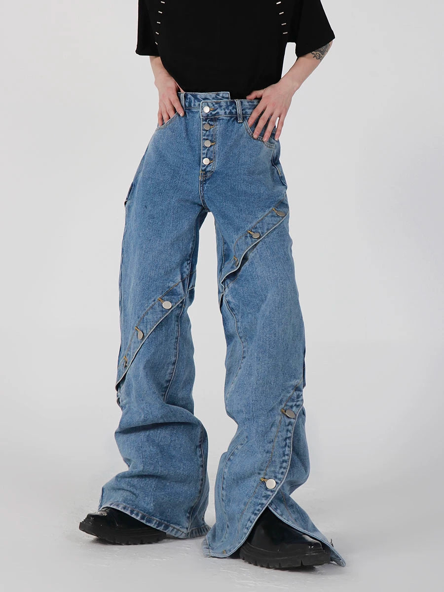 CultureE22s niche deconstructed metal button design wide leg jeans heavy industry split loose straight pants