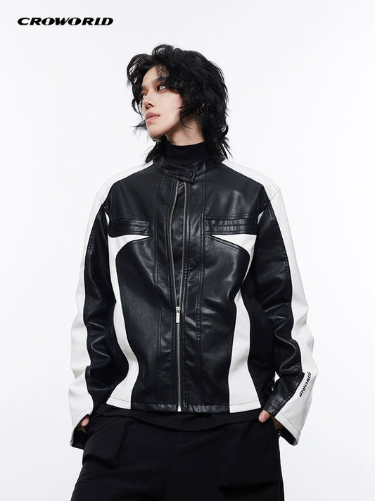 CROWORLD black and white color-blocked biker uniform design sense stand collar vintage cropped leather jacket jacket unisex