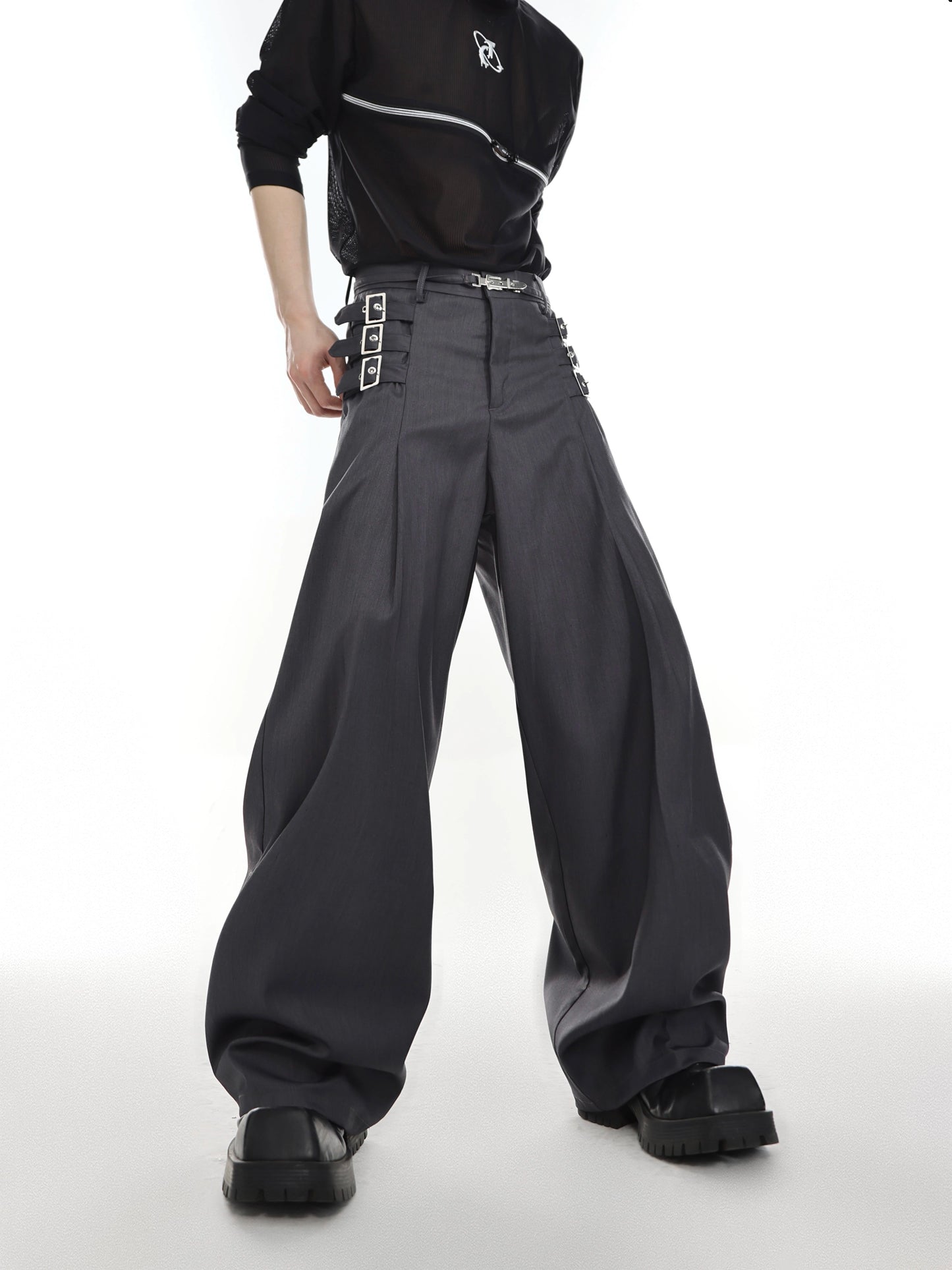 CulturE niche deconstructed metal webbing panels, wide-leg trousers for loose drape, casual high-waisted design trousers