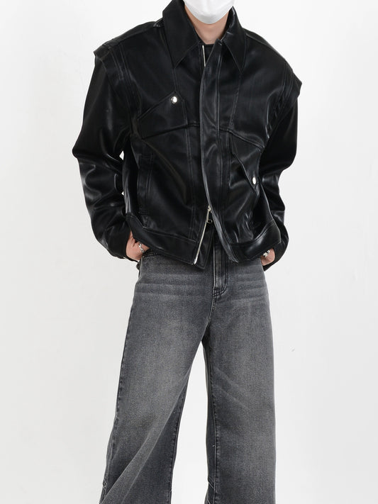 LUCE GARMENT Niche Deconstructed Liquid Pu Leather Padded Shoulder Jacket Men's Loose Premium Metallic Design Jacket