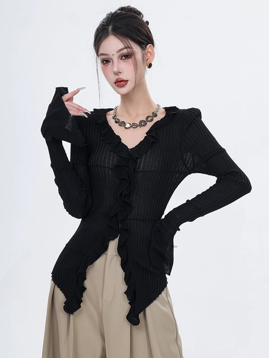 ABWEAR Spring New Black Babes Pure Desire Long Sleeve Knitwear Women's Niche Design Fungus Edge Slim Top