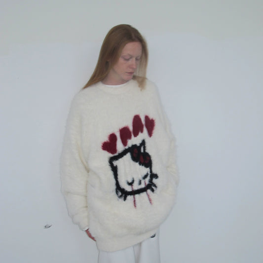 ANTERIOR LOVED×CasseSango imitation mohair pullover crew neck sweater Hello Kitty thickened and warm