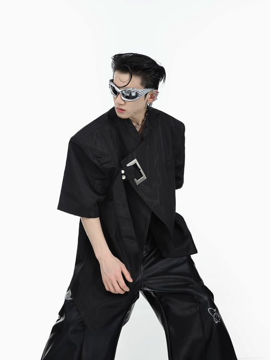CulturE niche deconstructed metal cut-out shoulder pads short sleeve new Chinese summer jacket streamer design shirt