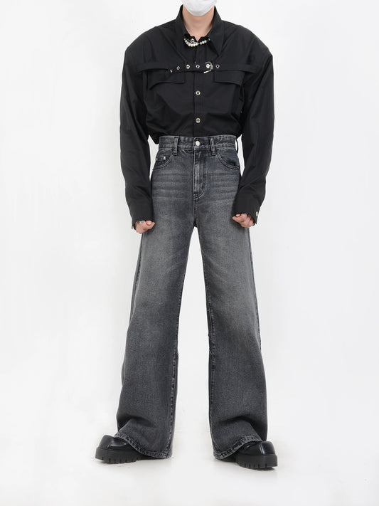 LUCE GARMENT IS A NICHE HEAVYWEIGHT DECONSTRUCTED WASHED JEANS MEN'S DESIGN METALLIC TRIMMED LOOSE WIDE-LEG TROUSERS
