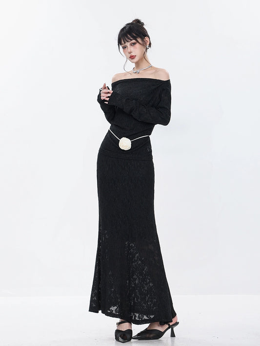 ABWEAR black lace skirt women's spring long temperament one-shoulder slim slim slim two-piece fishtail skirt