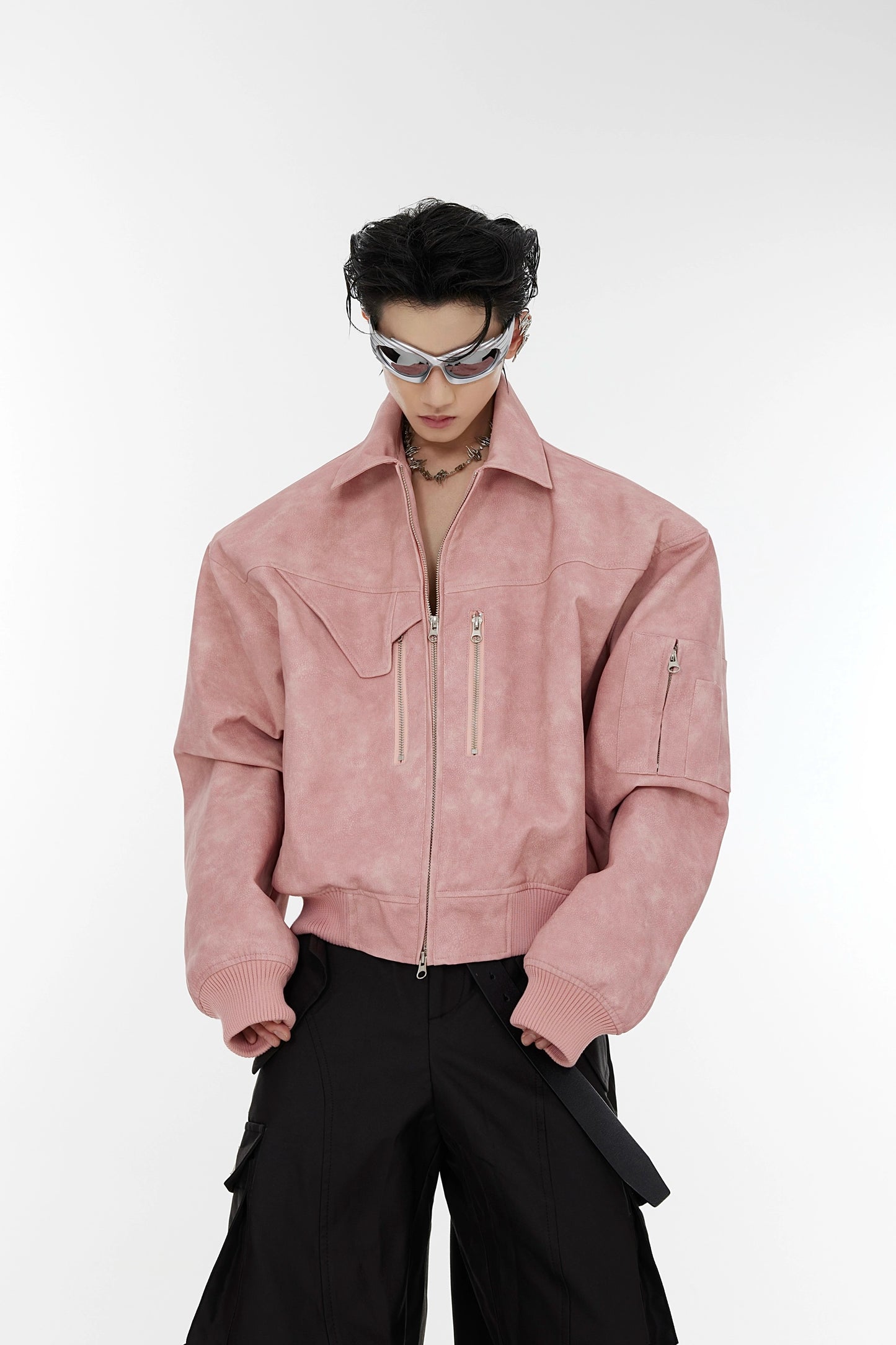 Cultur E24ss, Niche polka dot gradient pink padded shoulders, cropped jacket, jacket, metal zipper, design leather jacket