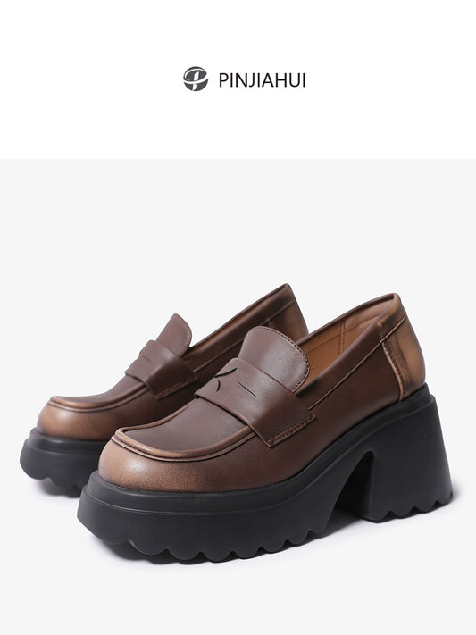 pinjiahui thick-soled retro handmade shoes worn-out rubbed one-foot loafers to increase the height of the short child small leather shoes