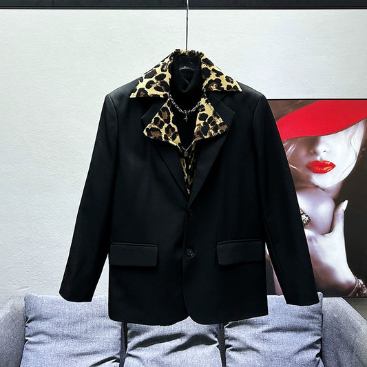 2024 Spring Design Sense Suit Fake Two Pieces Stitched Leopard Print Jacket Men's New Korean Version Loose and Thin Suit
