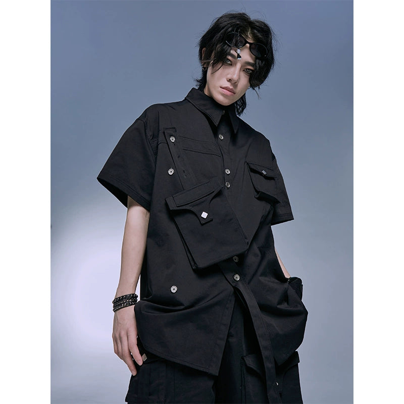 CROWORLD Yamamoto Style Deconstructed Black Short Sleeve Shirt Men's Shirt  Set (Streamer Pocket Detachable)