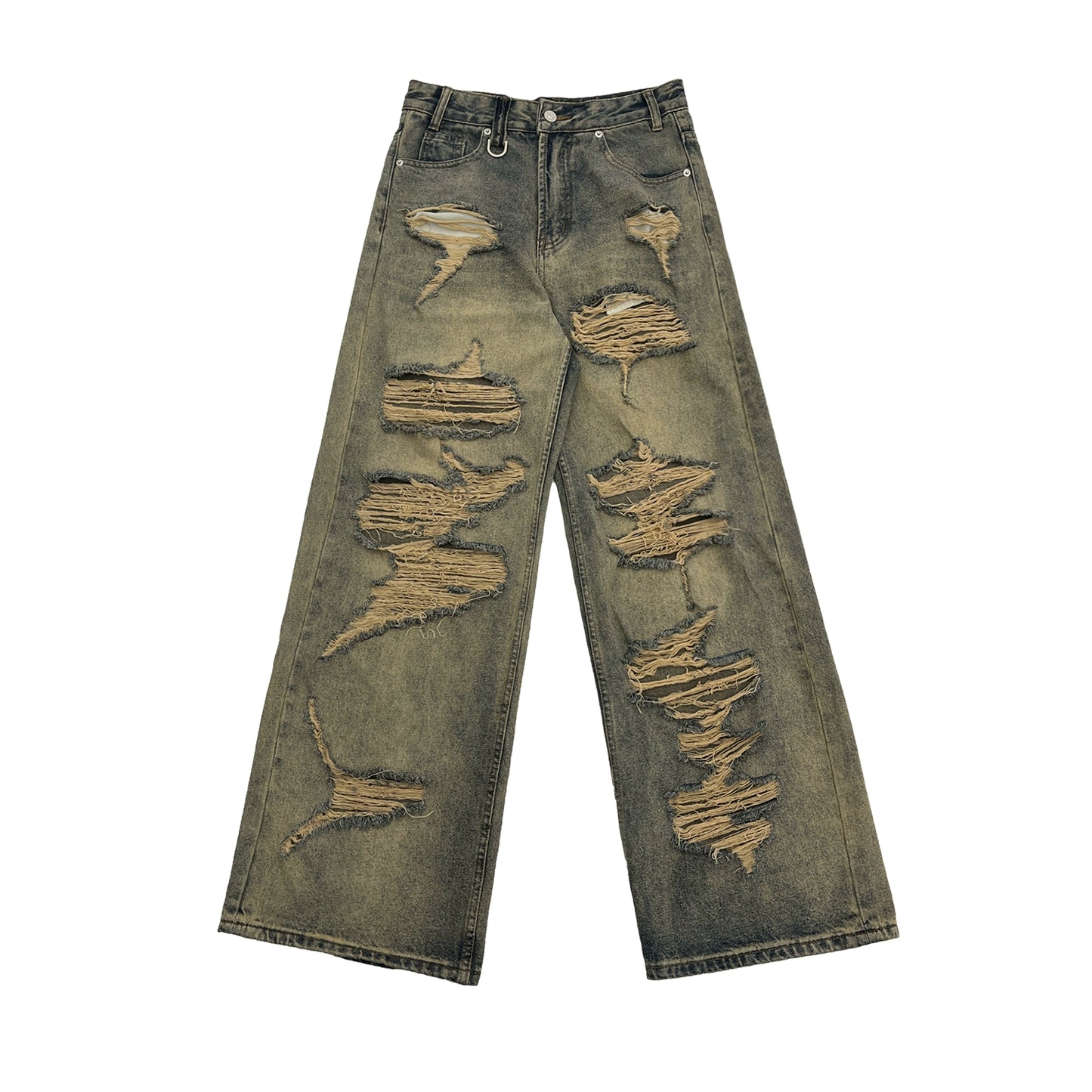 MICHINNYON vintage distressed irregular raw-edged jeans wasteland high street ripped loose wash trousers