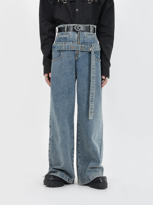 LUCE GARMENT NICHE DECONSTRUCTED FAKE TWO-PIECE WASHED JEANS MEN'S WAISTBAND DESIGN LOOSE WIDE-LEG MOP PANTS