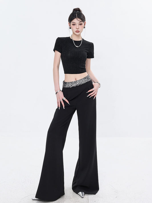ABWEAR sequin-panelled black draped suit trousers, women's casual wide-leg loose high-waisted slightly flared pants