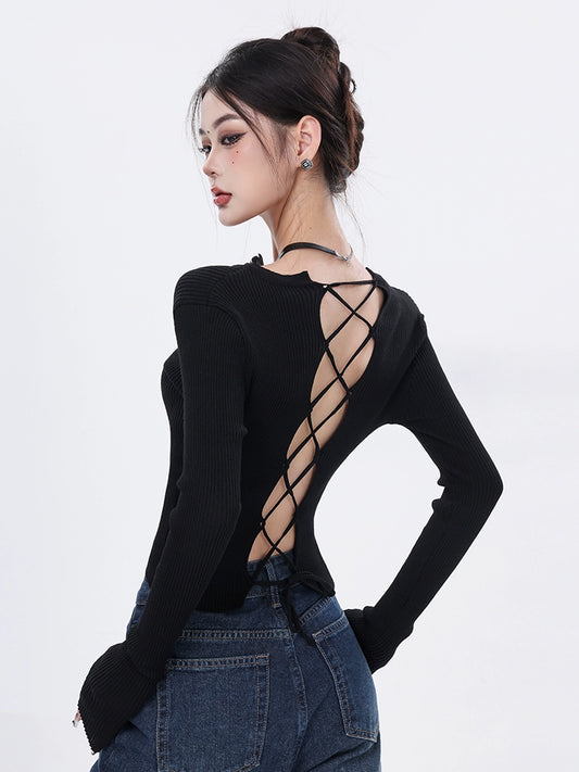 ABWEAR Spring New Black Sexy V-Neck Knit Women's Base Layer Back Lace-up Design Long Sleeve Top