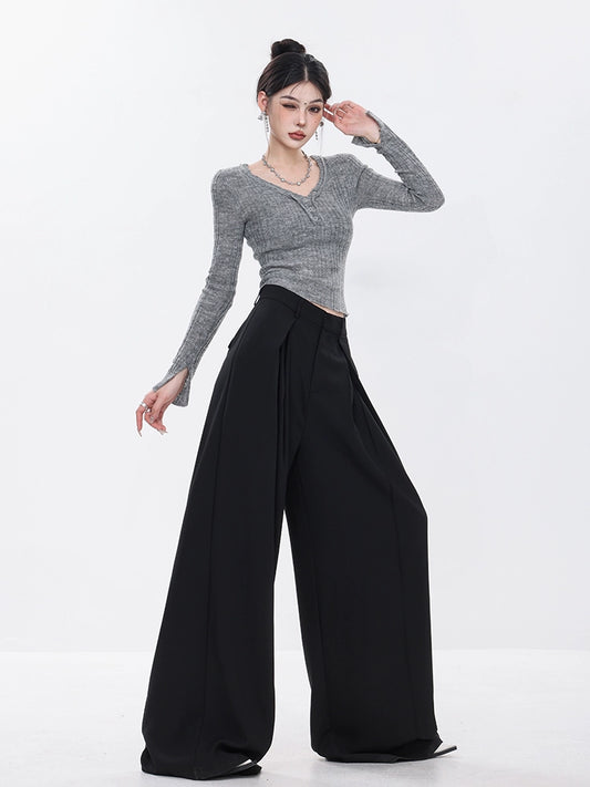 ABWEAR Original Spring 2024 New Black High-Waisted Drap Suit Pants Loose Straight Leg Slim Casual Pants