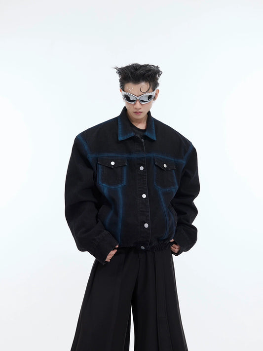 Cultur E24ss Niche Vintage Wash Spray Painted Gradient Denim Jacket Cropped Silhouette Design Sense Jacket Men