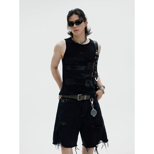 PEOPLESTYLE graffiti pit strip knitted vest psychological retro original punk print genderless suspender black