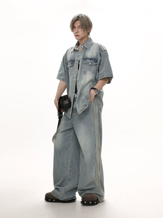 GIBBYCNA American classic bar jeans, men's fashion brand, retro distressed, loose straight-leg wide-leg mopping trousers