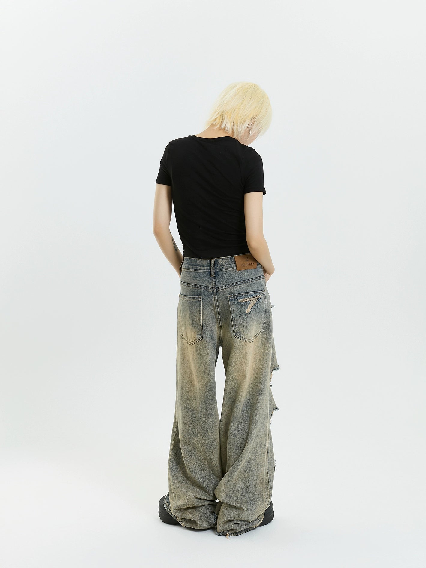 MICHINNYON vintage distressed irregular raw-edged jeans wasteland high street ripped loose wash trousers