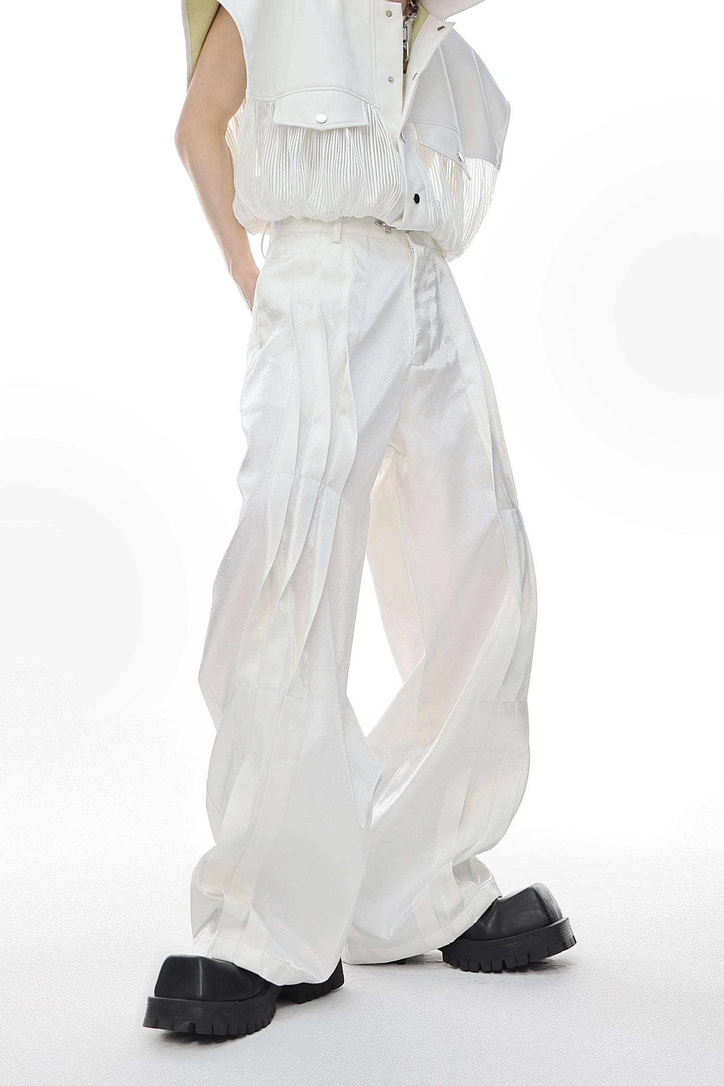 CulturE's original niche three-dimensional split streamer slacks, metal button design, straight leg pants, high-waisted trousers