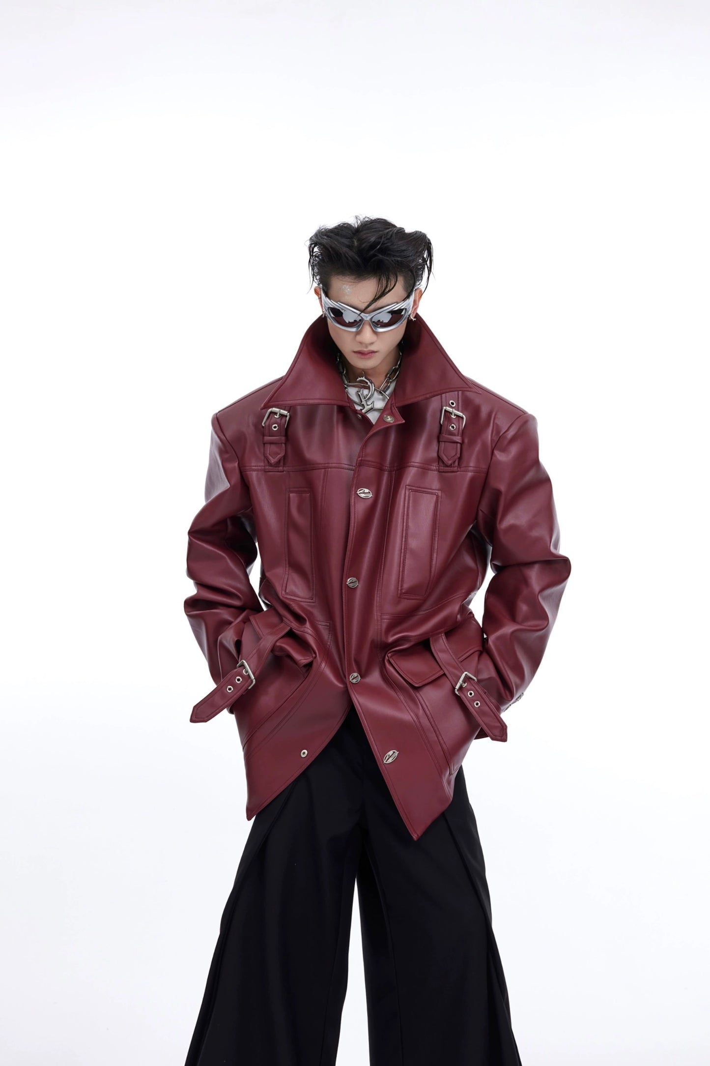 CulturE Niche Vintage Distressed Silhouette Leather Jacket Heavy Work  Three-Dimensional Bone Line Design Sense Red Jacket Jacket Men