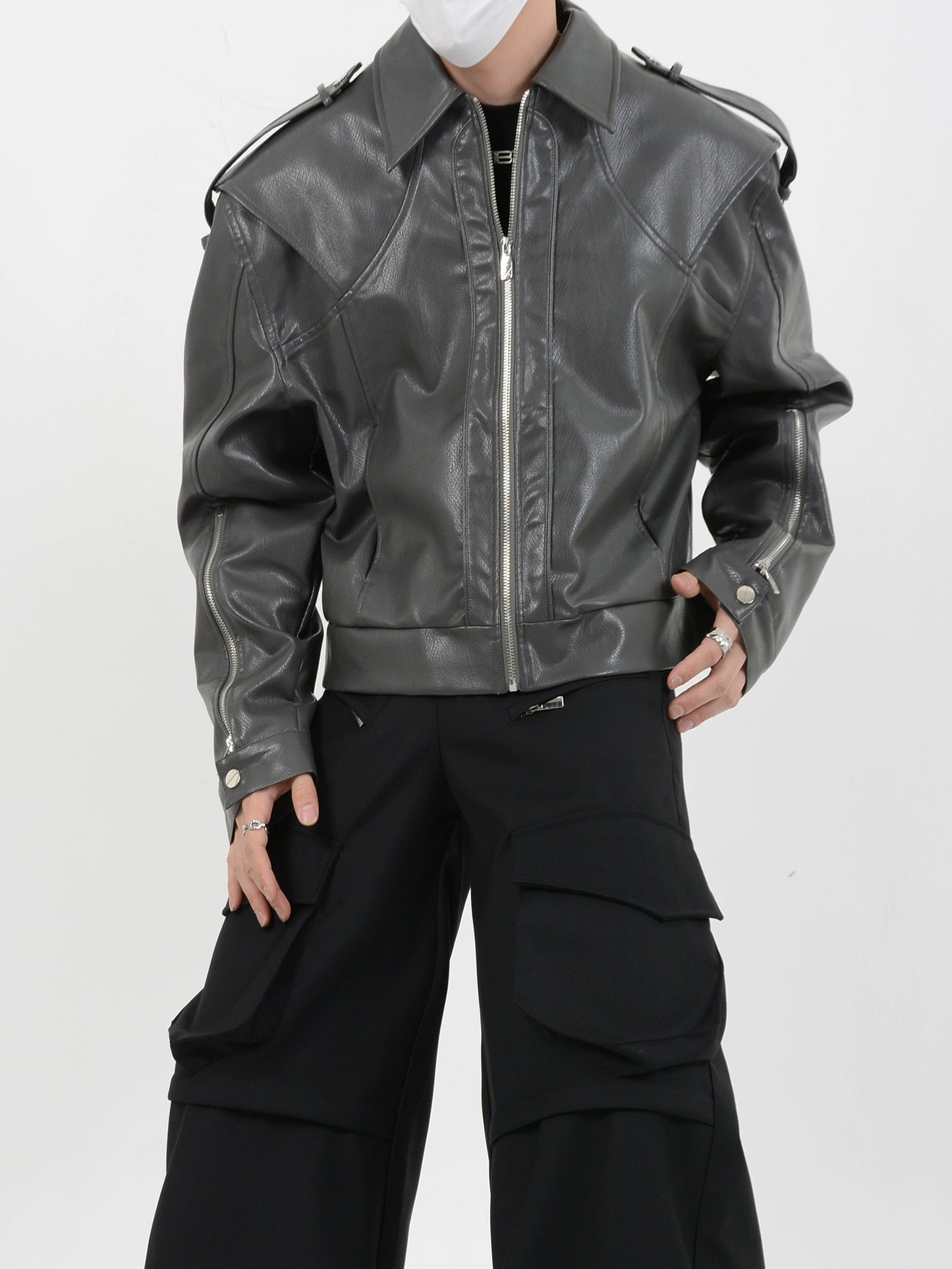 LUCE GARMENT niche deconstructed padded shoulders pu leather jacket men's design sense loose casual retro jacket trend