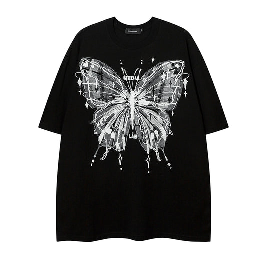 VEG Dream American Vintage High Street Butterfly Print Short Sleeve T-Shirt Men's and Women's Loose Trendy Niche Couple Tops